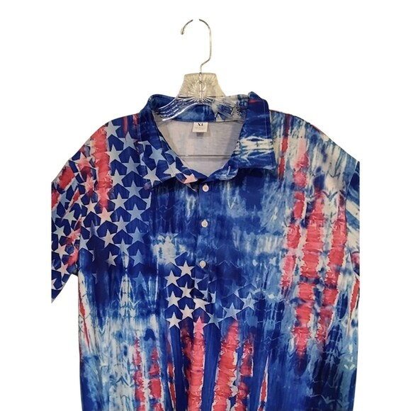 Patriotic Stars Four Button Shirt Size XLarge Short Sleeve Flag USA - Picture 3 of 9